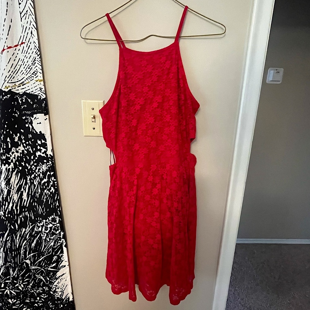 Garage Mini Summer Skater Dress in Red with floral pattern and cutouts size m